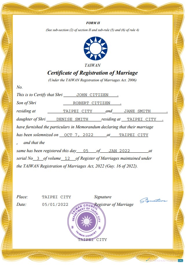 Редактируемый Скачать Тайвань Marriage Certificate Word и PDF Шаблон Photoshop Шаблон