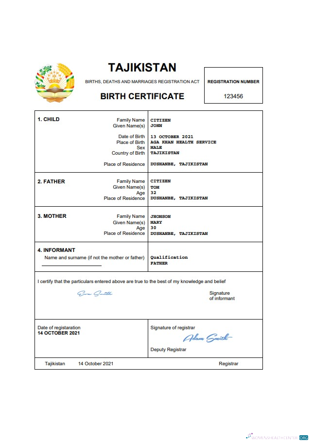 Профессиональный Скачать Таджикистан Vital Record Birth Certificate Word и PDF Шаблон Photoshop Шаблон