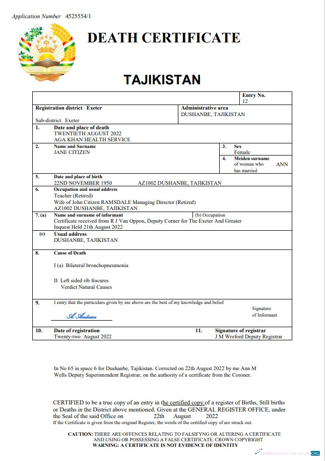 Премиум Скачать Таджикистан Vital Record Death Certificate Word и PDF Шаблон Photoshop Шаблон