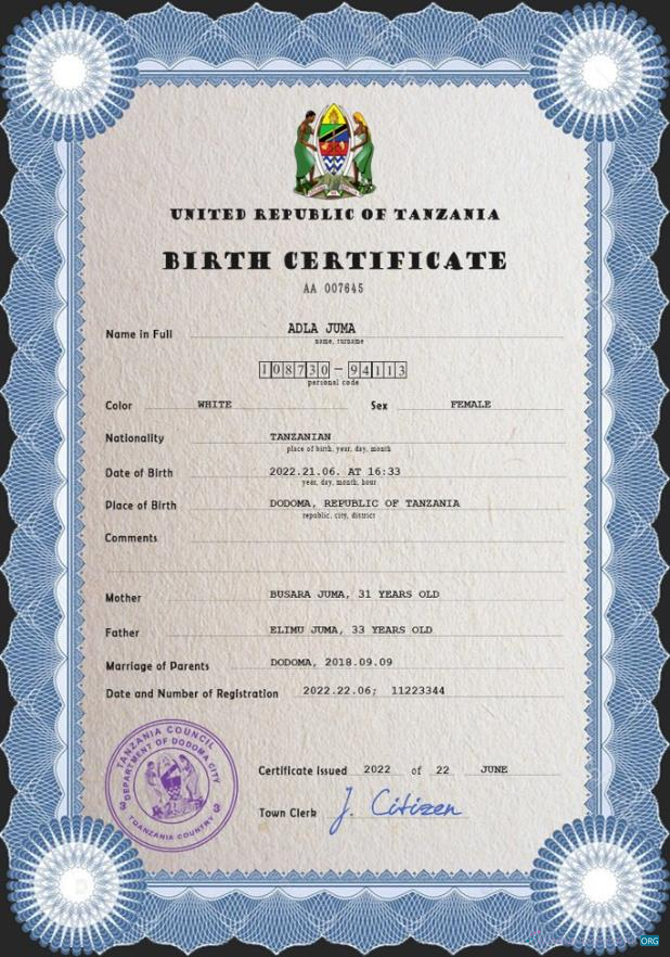 Качественный Скачать Танзания Birth Certificate PSD Шаблон Photoshop Шаблон