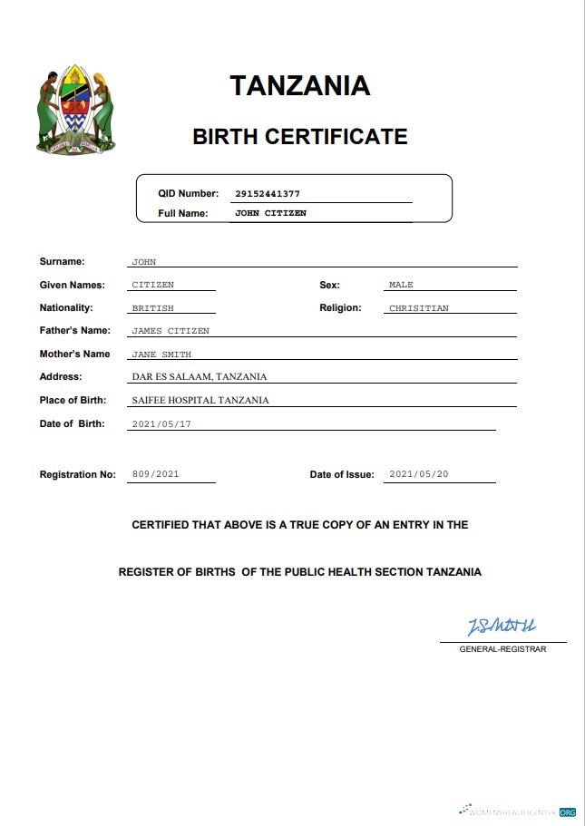 Профессиональный Скачать Танзания Birth Certificate Word и PDF Шаблон Photoshop Шаблон