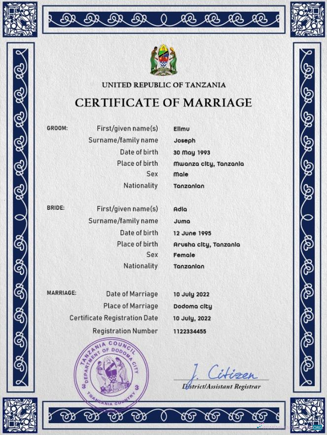 Реалистичный Скачать Танзания Marriage Certificate PSD Шаблон Photoshop Шаблон