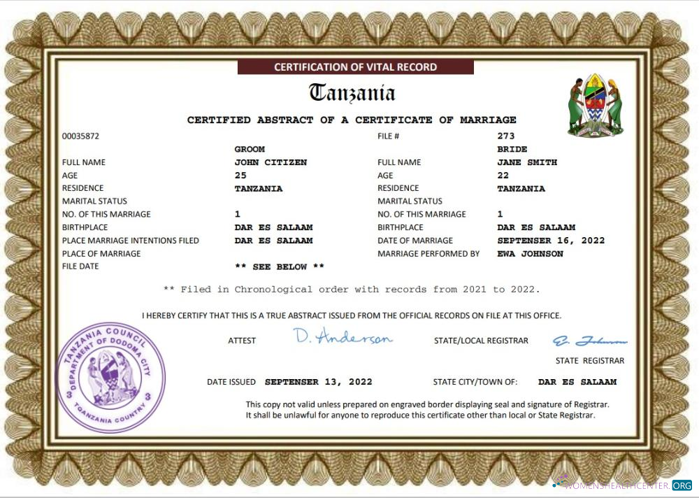 Редактируемый Скачать Танзания Marriage Certificate Word и PDF Шаблон Photoshop Шаблон