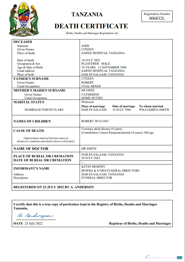 Реалистичный Скачать Танзания Vital Record Death Certificate Word и PDF Шаблон Photoshop Шаблон