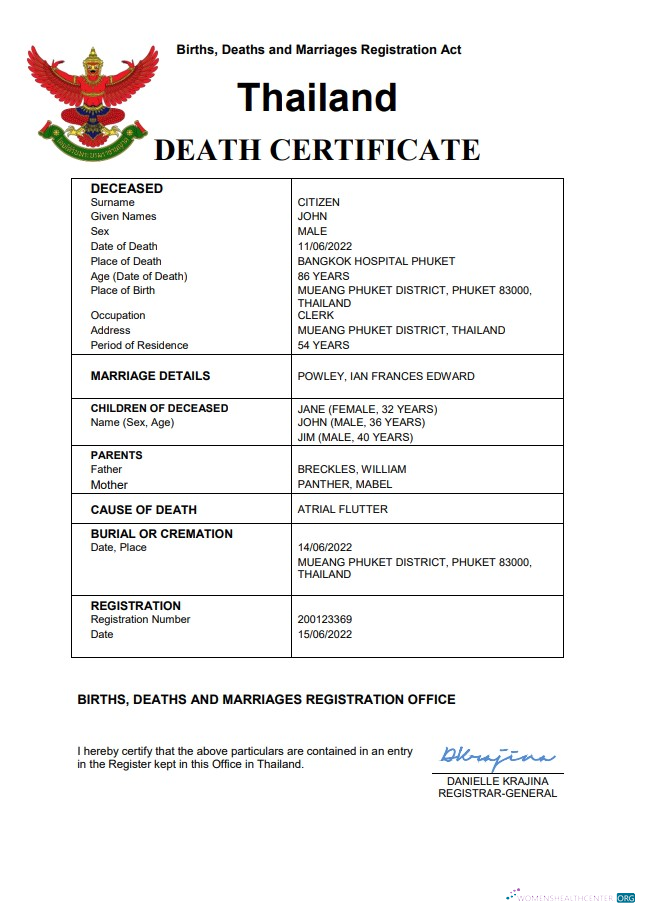Премиум Скачать Таиланд Death Certificate Word и PDF Шаблон Photoshop Шаблон