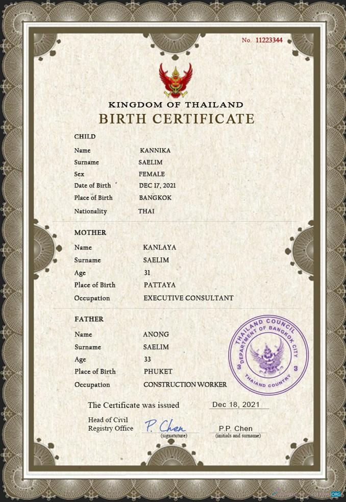 Редактируемый Скачать Таиланд Vital Record Birth Certificate PSD Шаблон Photoshop Шаблон