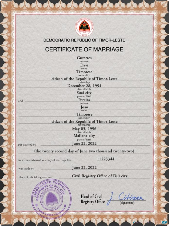 Профессиональный Скачать Timor Leste Marriage Certificate PSD Шаблон Photoshop Шаблон