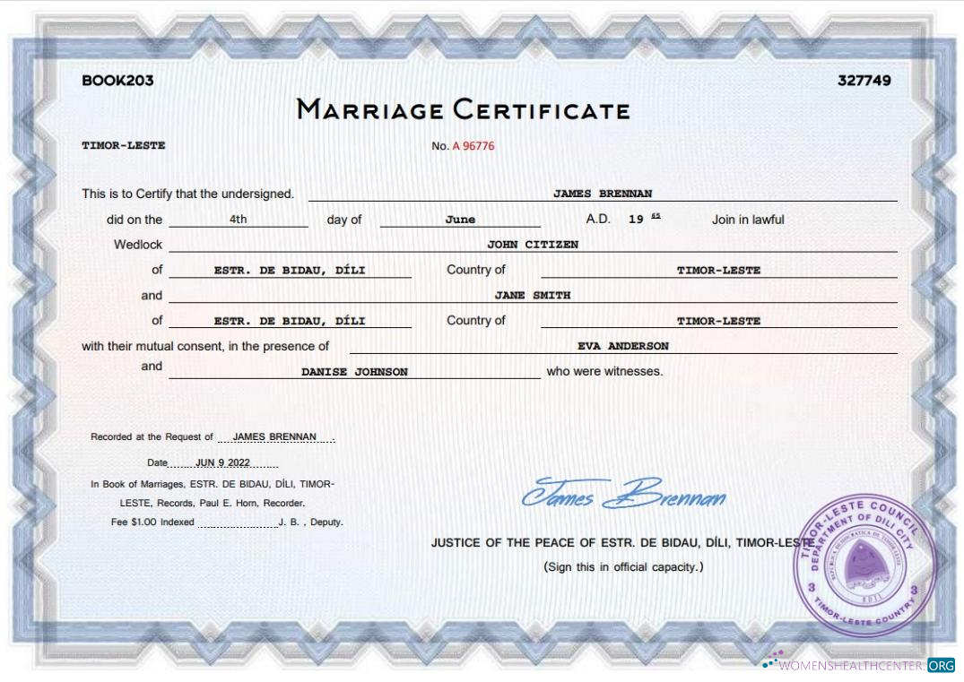 Премиум Скачать Timor Leste Marriage Certificate Word и PDF Шаблон Photoshop Шаблон