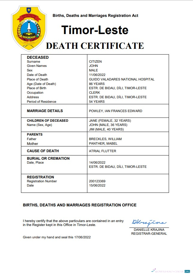 Редактируемый Скачать Timor Leste Vital Record Death Certificate Word и PDF Шаблон Photoshop Шаблон