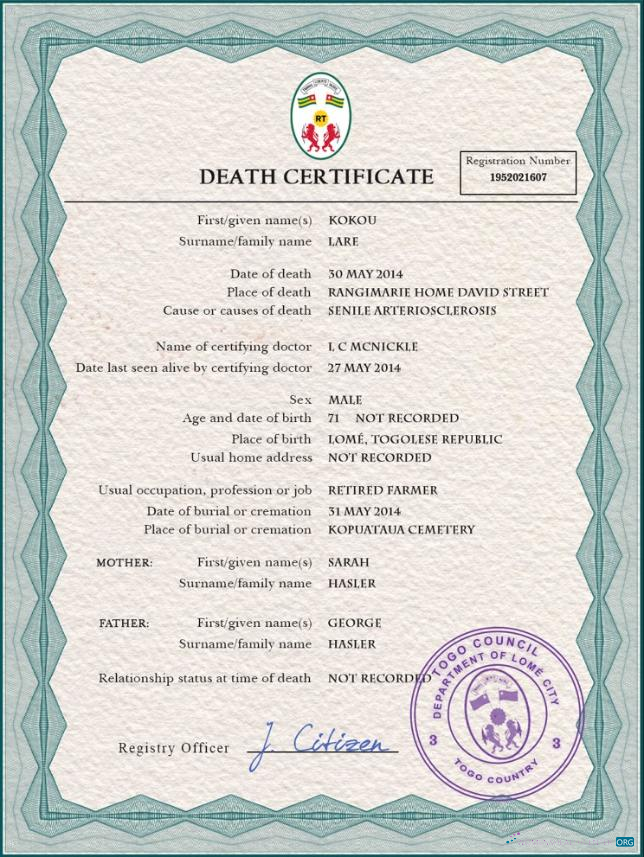 Премиум Скачать Того Death Certificate PSD Шаблон Photoshop Шаблон