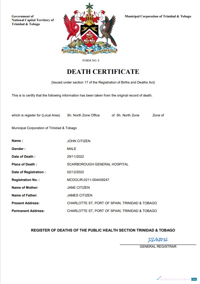 Редактируемый Скачать Тринидад и Тобаго Death Certificate Word и PDF Шаблон Photoshop Шаблон