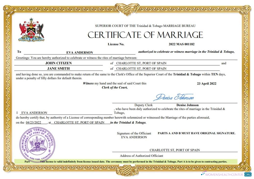 Редактируемый Скачать Тринидад и Тобаго Marriage Certificate Word и PDF Шаблон Photoshop Шаблон