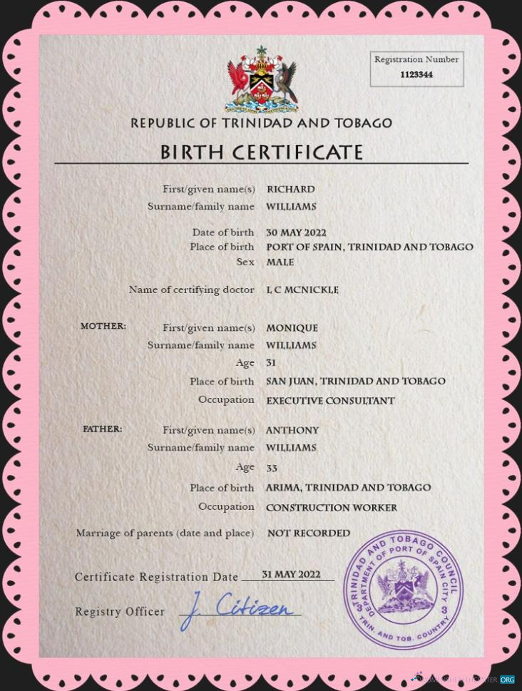 Редактируемый Скачать Тринидад и Тобаго Vital Record Birth Certificate PSD Шаблон Photoshop Шаблон