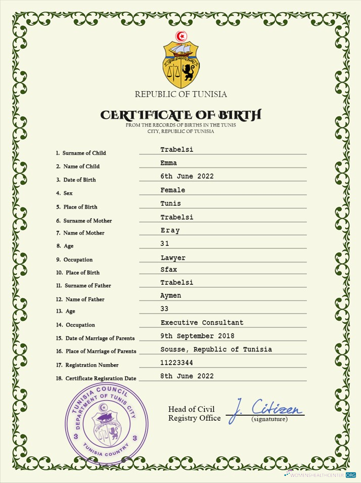 Профессиональный Скачать Тунис Vital Record Birth Certificate PSD Шаблон Photoshop Шаблон