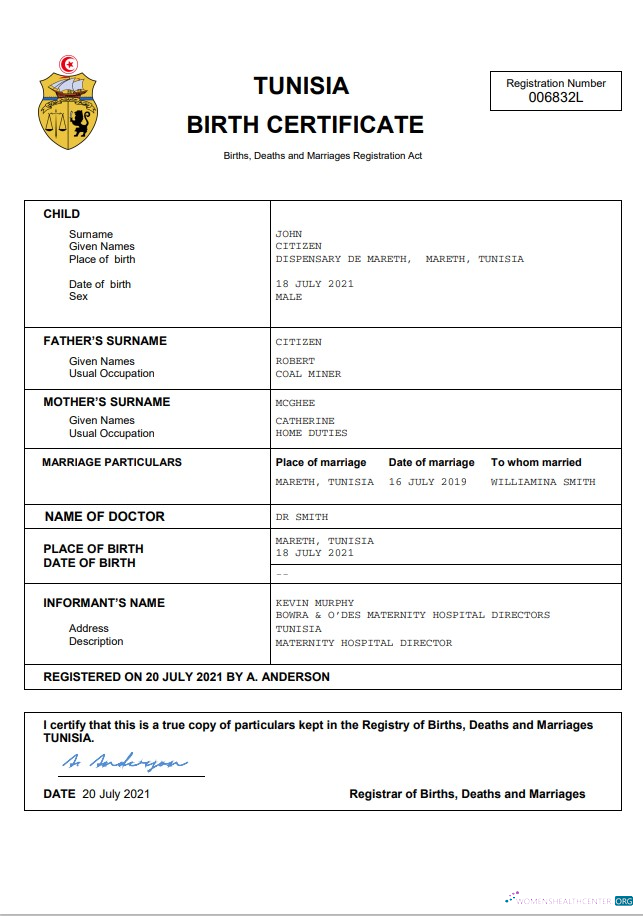 Профессиональный Скачать Тунис Vital Record Birth Certificate Word и PDF Шаблон Photoshop Шаблон