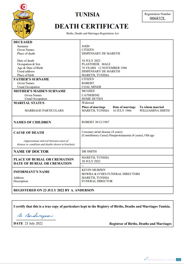 Профессиональный Скачать Тунис Vital Record Death Certificate Word и PDF Шаблон Photoshop Шаблон