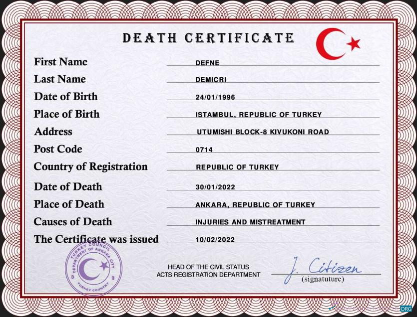 Редактируемый Скачать Турция Death Certificate PSD Шаблон Photoshop Шаблон