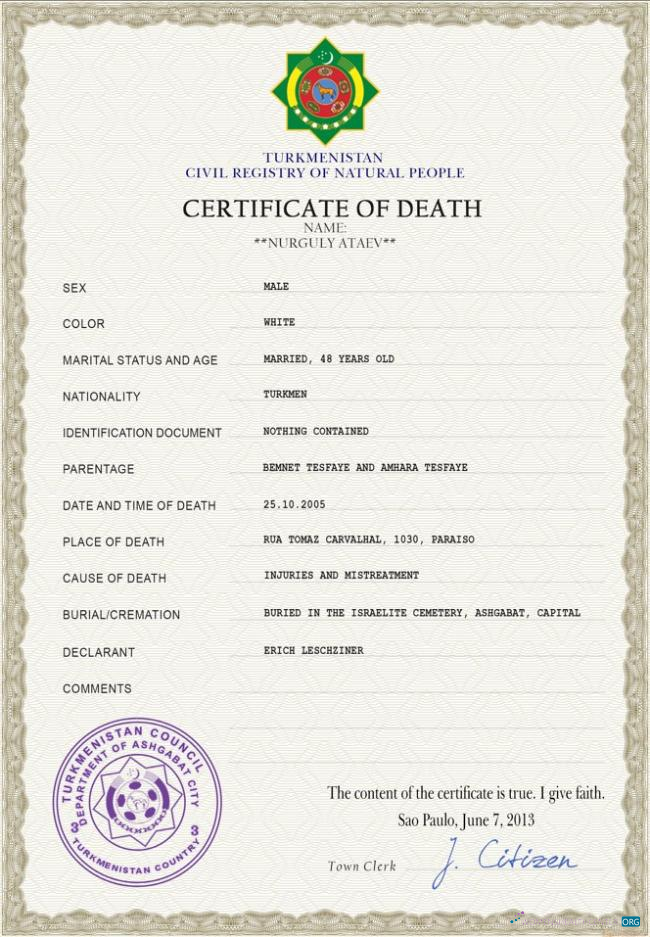 Редактируемый Скачать Туркменистан Death Certificate PSD Шаблон Photoshop Шаблон