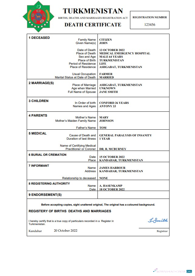 Качественный Скачать Туркменистан Death Certificate Word и PDF Шаблон Photoshop Шаблон