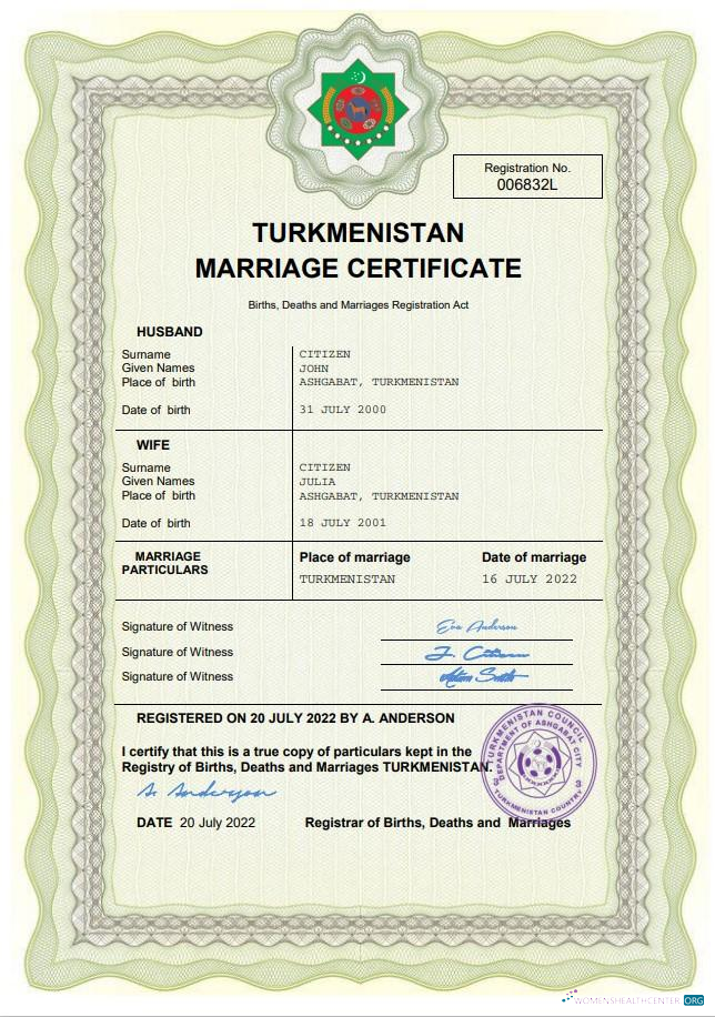 Профессиональный Скачать Туркменистан Marriage Certificate Word и PDF Шаблон Photoshop Шаблон