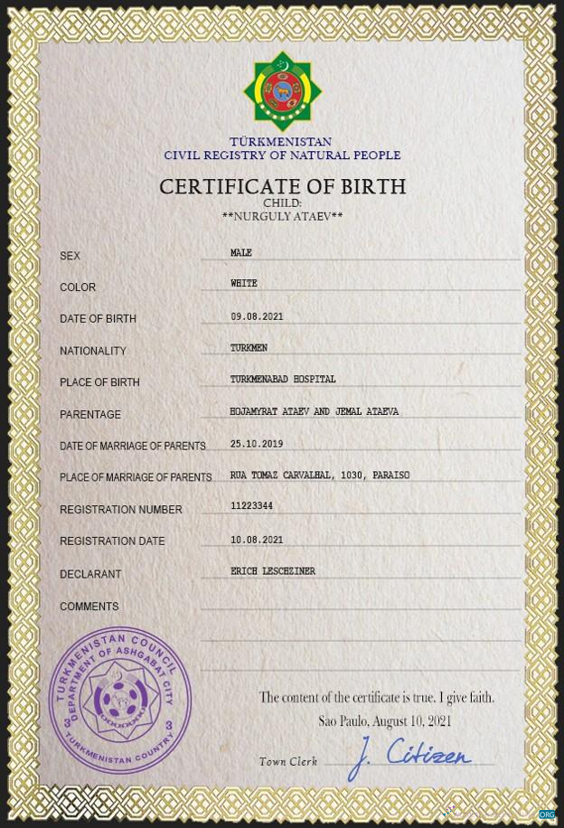 Реалистичный Скачать Туркменистан Vital Record Birth Certificate PSD Шаблон Photoshop Шаблон