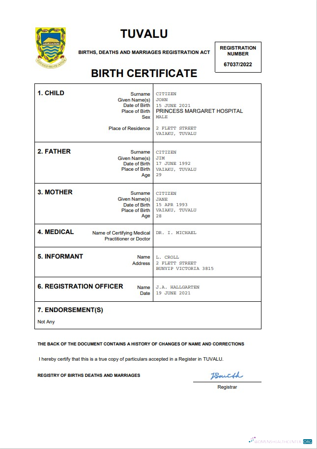 Редактируемый Скачать Тувалу Birth Certificate Word и PDF Шаблон Photoshop Шаблон
