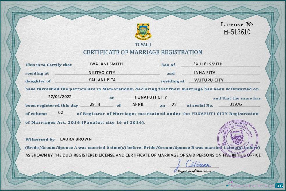 Премиум Скачать Тувалу Marriage Certificate PSD Шаблон Photoshop Шаблон