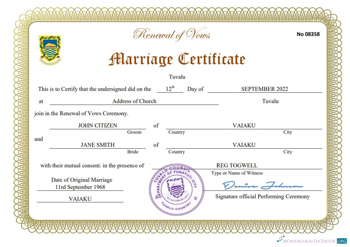 Профессиональный Скачать Тувалу Marriage Certificate Word и PDF Шаблон Photoshop Шаблон