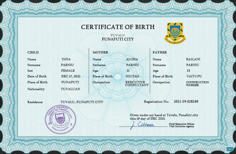 Качественный Скачать Тувалу Vital Record Birth Certificate PSD Шаблон Photoshop Шаблон