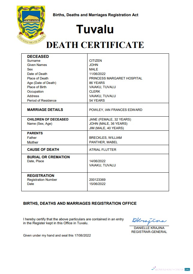 Реалистичный Скачать Тувалу Vital Record Death Certificate Word и PDF Шаблон Photoshop Шаблон
