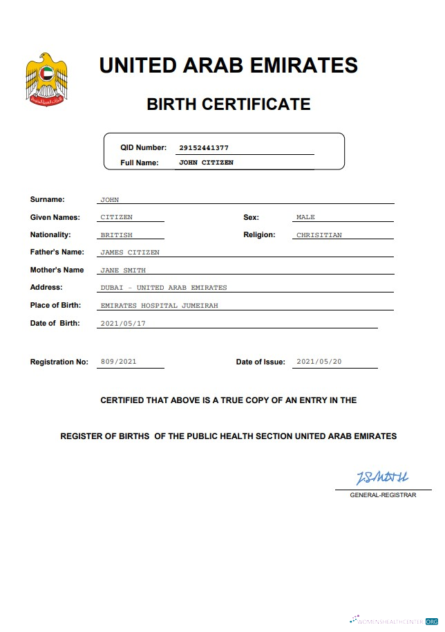 Реалистичный Скачать UAE Vital Record Birth Certificate Word и PDF Шаблон Photoshop Шаблон