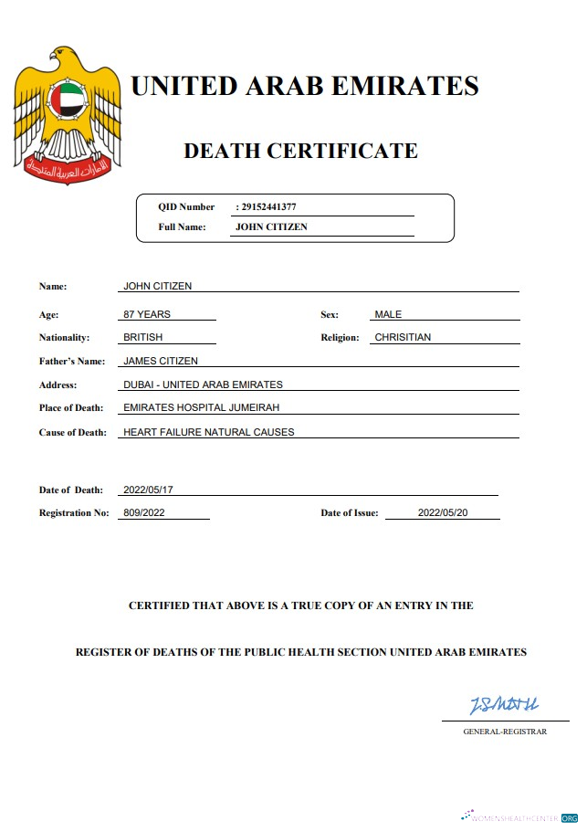 Реалистичный Скачать UAE Vital Record Death Certificate Word и PDF Шаблон Photoshop Шаблон