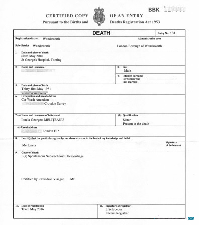Редактируемый Скачать UK Births и Deaths Registry Wandsworth Death Certificate Photoshop Шаблон