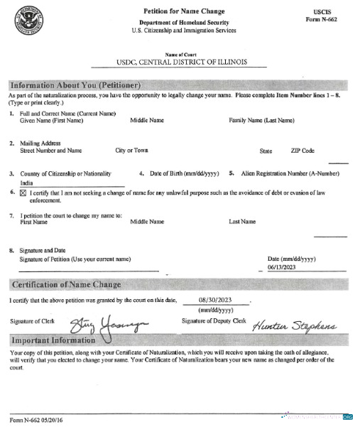 Качественный Скачать USA Citizenship и Immigration Services Name Change Certificate Photoshop Шаблон