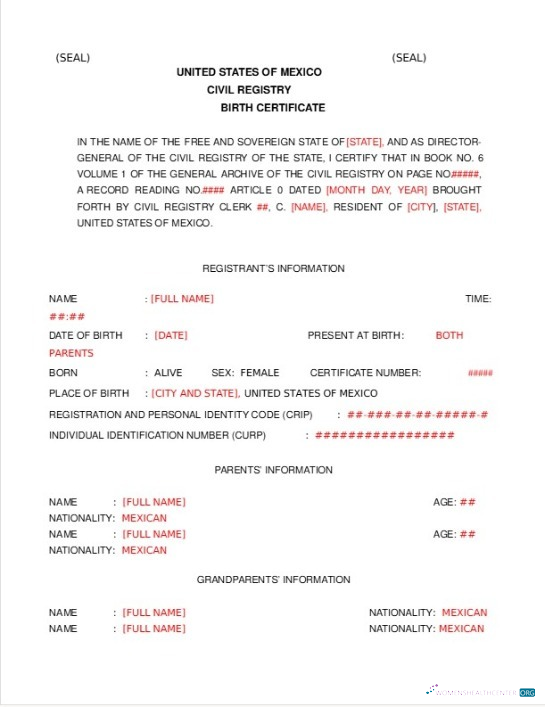 Редактируемый Скачать USA Civil Registry Мексика Birth Certificate Photoshop Шаблон