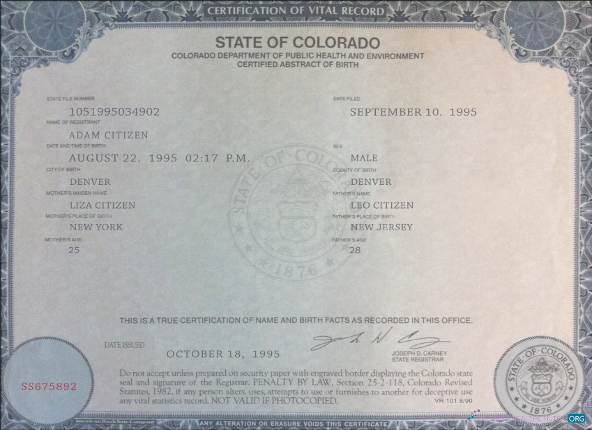 Премиум Скачать USA Colorado Государственный Birth Certificate Шаблон в PSD Формат Photoshop Шаблон