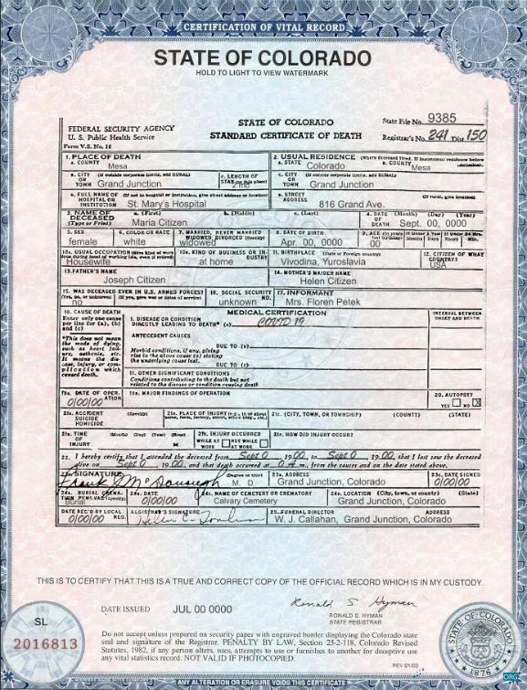 Профессиональный Скачать USA Colorado Государственный Death Certificate Шаблон в PSD Формат Photoshop Шаблон