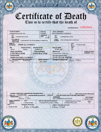 Качественный Скачать USA Коммонвелт Memorial Hospital Death Certificate Photoshop Шаблон