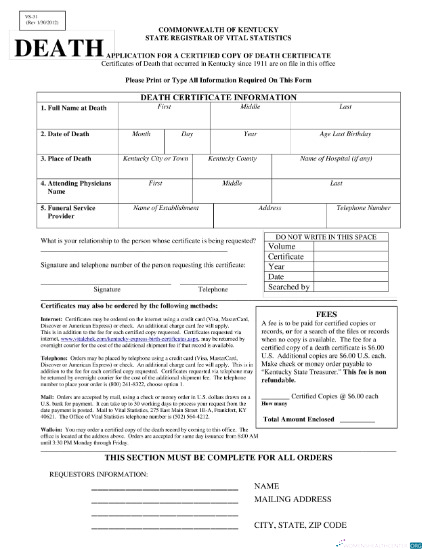 Редактируемый Скачать USA Коммонвелт Kentucky Death Certificate Photoshop Шаблон