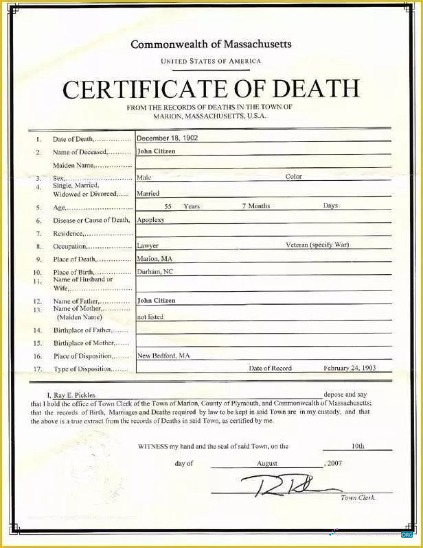 Реалистичный Скачать USA Коммонвелт Massachusetts Records Deaths в Marion Death Certificate Photoshop Шаблон