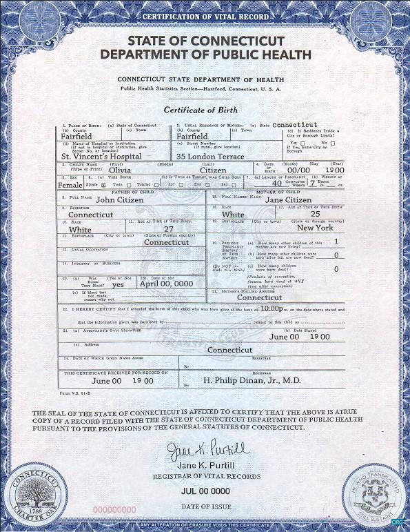 Профессиональный Скачать USA Connecticut Государственный Birth Certificate Шаблон в PSD Формат Photoshop Шаблон