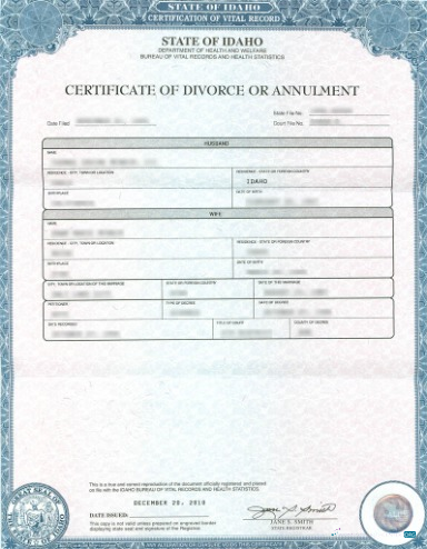 Качественный Скачать USA Департамент Health и Welfare Idaho Divorce Certificate Photoshop Шаблон