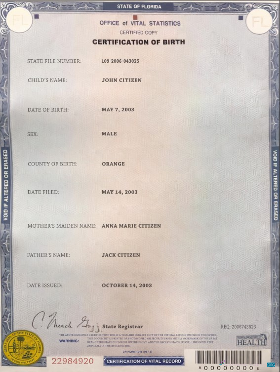 Качественный Скачать USA Florida Государственный Birth Certificate Шаблон в PSD Формат Photoshop Шаблон