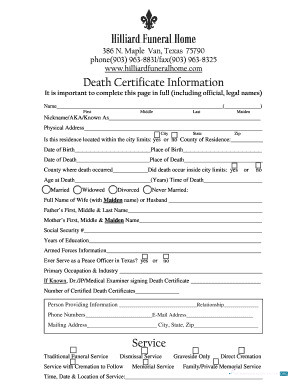 Редактируемый Скачать USA Hilliard Funeral Home Death Certificate Photoshop Шаблон