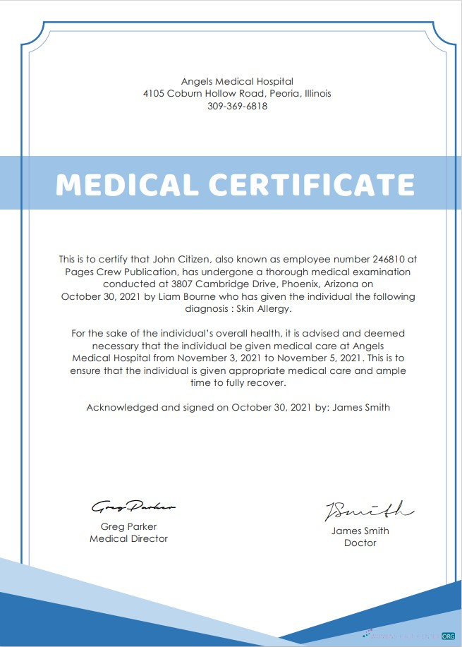 Редактируемый Скачать USA Hospital Medical Cert Photoshop Шаблон