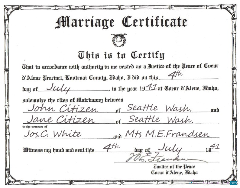Премиум Скачать USA Idaho Marriage Certificate Шаблон в PSD Формат Photoshop Шаблон