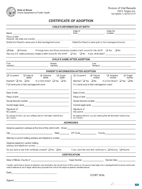 Качественный Скачать USA Illinois Департамент Общественный Health Adoption Certificate Photoshop Шаблон