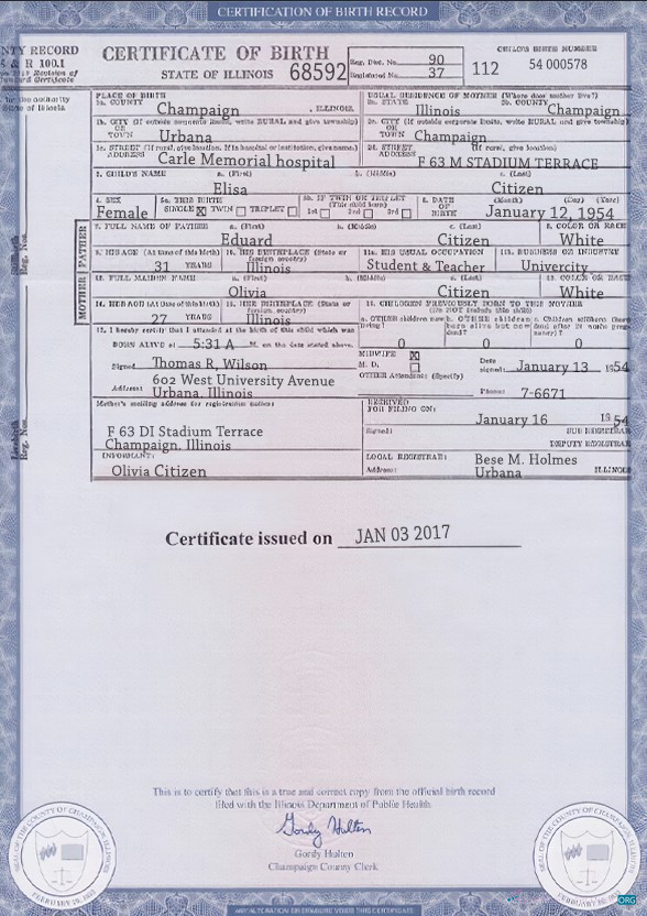 Редактируемый Скачать USA Illinois Государственный Birth Certificate Шаблон в PSD Формат Photoshop Шаблон
