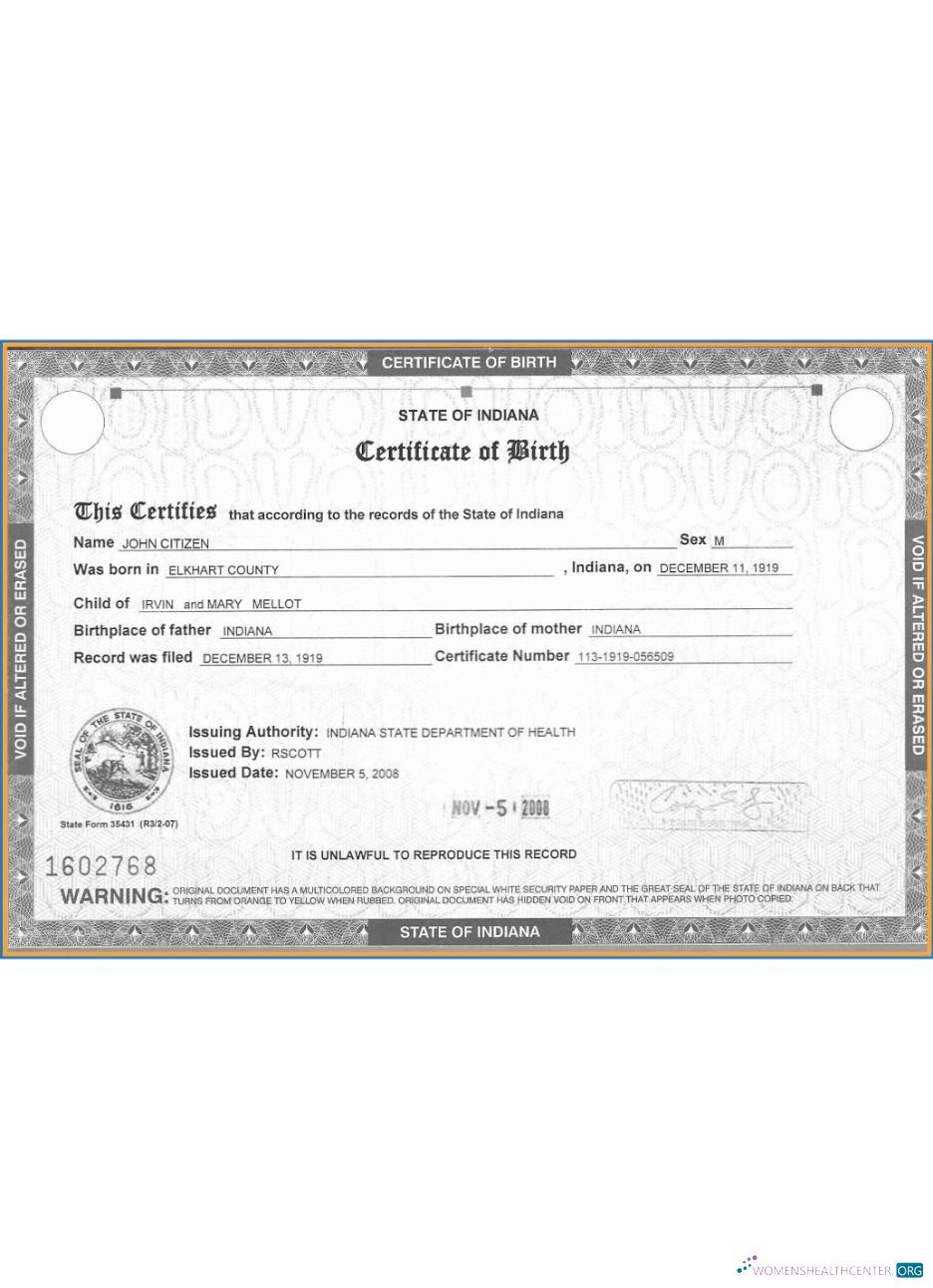 Профессиональный Скачать USA Indiana Certificate Birth Photoshop Шаблон