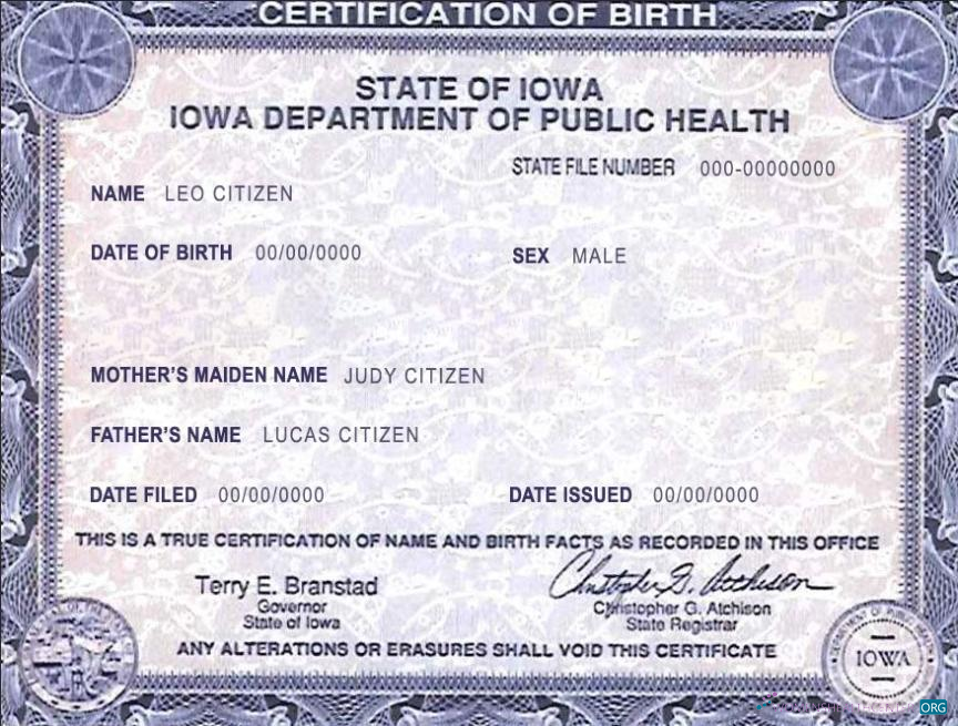 Качественный Скачать USA Iowa Государственный Birth Certificate Шаблон в PSD Формат Photoshop Шаблон